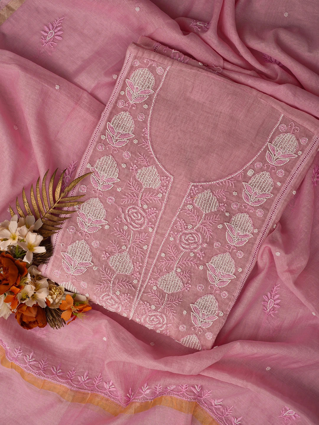 Ada Hand Embroidered Pink Chanderi Lucknowi Chikankari Semi-Stitched Kurta Dupatta Set With Pearl Work 01A700385