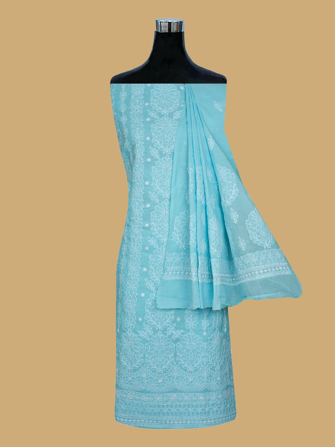 Ada Hand Embroidered Blue Cotton Lucknowi Chikankari Unstitched Suit Piece 01A785641