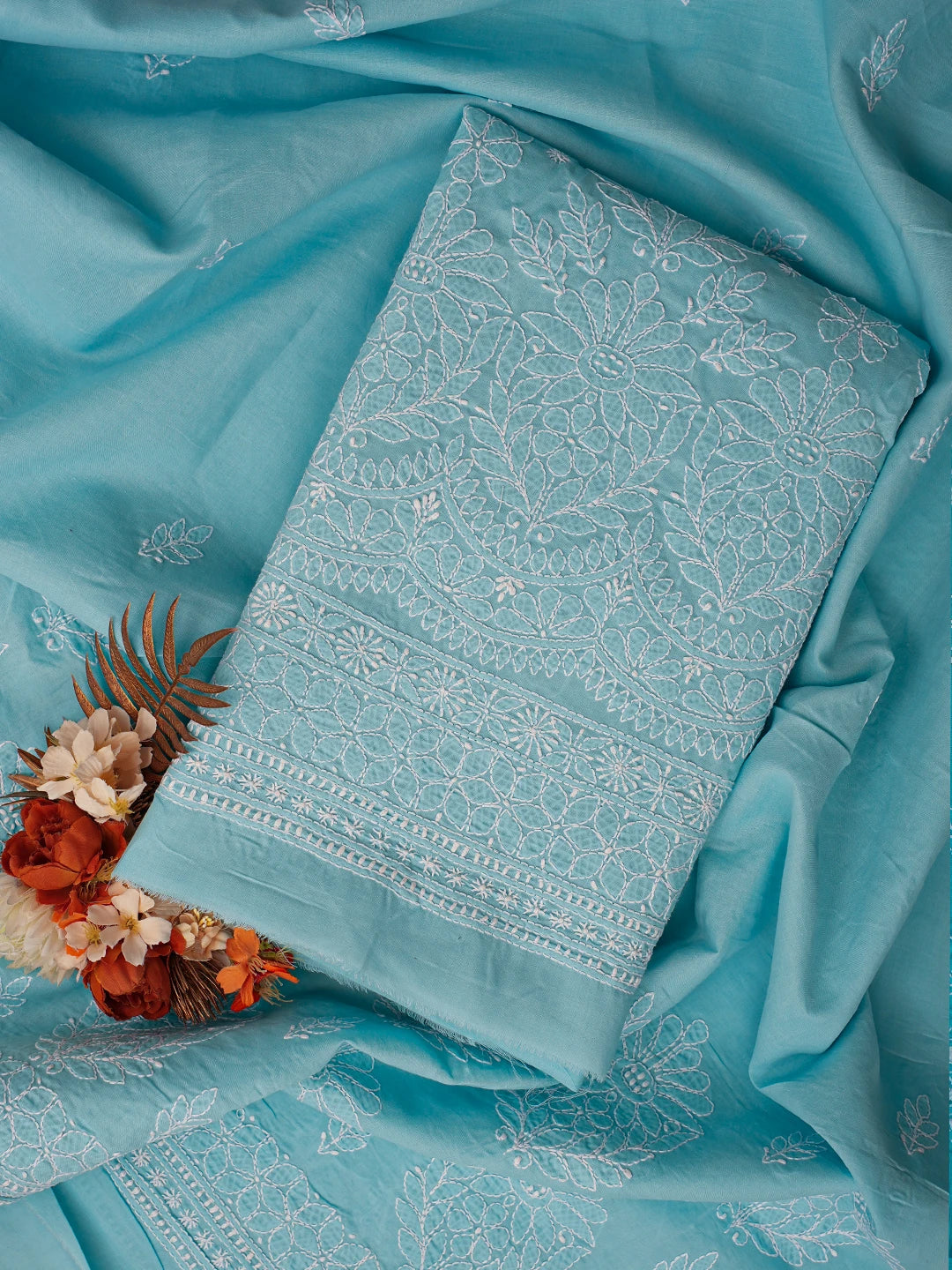 Ada Hand Embroidered Blue Cotton Lucknowi Chikankari Unstitched Suit Piece 01A785641