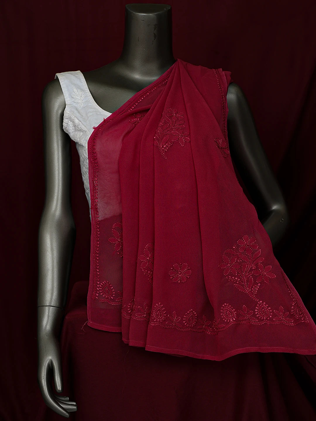 Ada Hand Embroidered Light Maroon Viscose Georgette Lucknowi Chikankari Dupatta 01A701278
