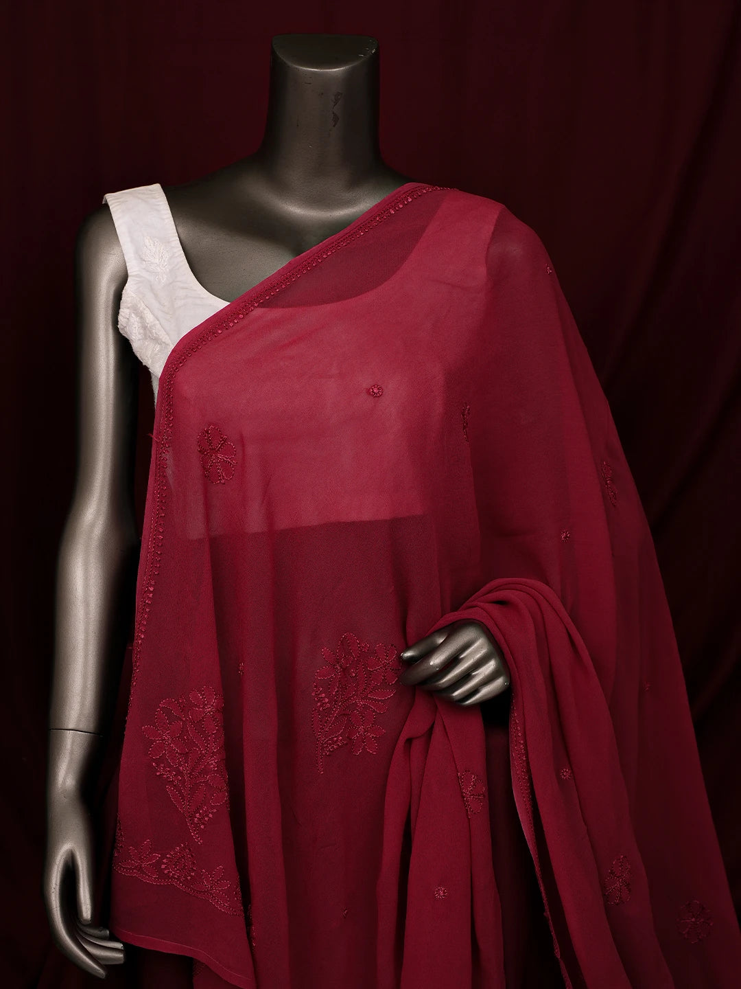 Ada Hand Embroidered Light Maroon Viscose Georgette Lucknowi Chikankari Dupatta 01A701278