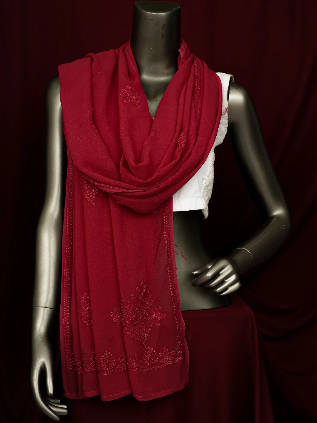Ada Hand Embroidered Light Maroon Viscose Georgette Lucknowi Chikankari Dupatta 01A701278
