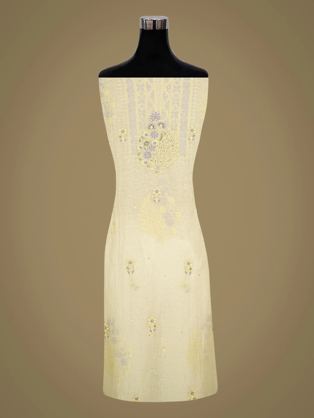 Ada Hand Embroidered Lemon Yellow Chanderi Lucknowi Chikankari Unstitched Kurta Dupatta Set With Cutdana Work 01A463876