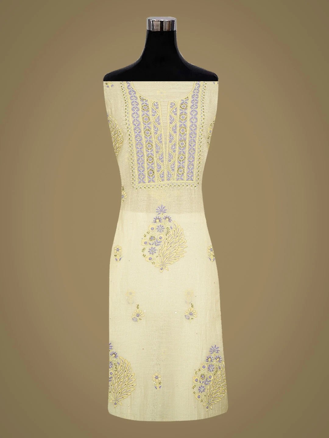 Ada Hand Embroidered Lemon Yellow Chanderi Lucknowi Chikankari Unstitched Kurta Dupatta Set With Cutdana Work 01A463876