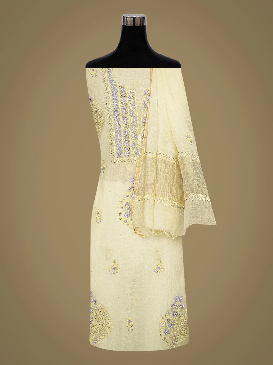 Ada Hand Embroidered Lemon Yellow Chanderi Lucknowi Chikankari Unstitched Kurta Dupatta Set With Cutdana Work 01A463876