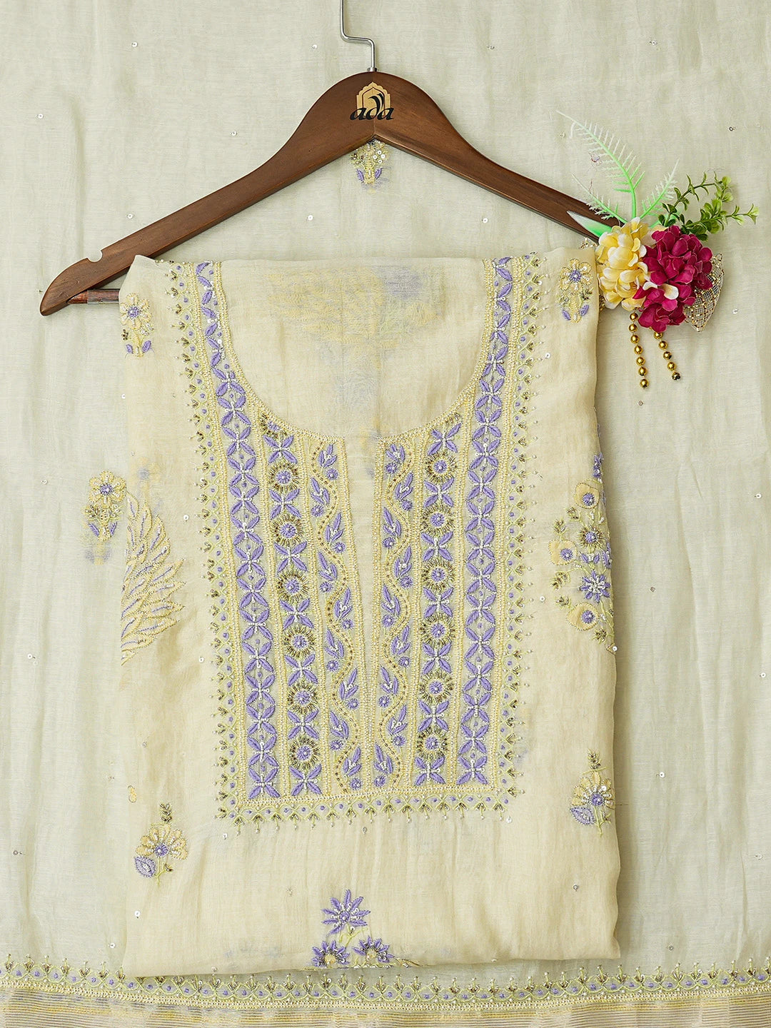 Ada Hand Embroidered Lemon Yellow Chanderi Lucknowi Chikankari Unstitched Kurta Dupatta Set With Cutdana Work 01A463876