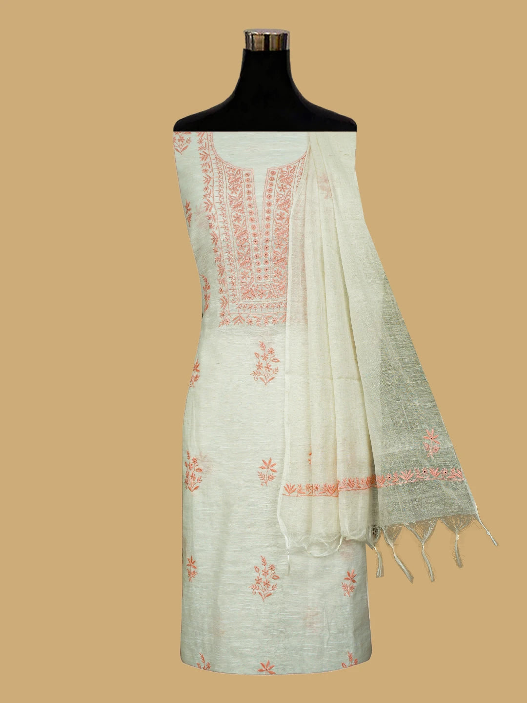 Ada Hand Embroidered Floral White Khadi Lucknowi Chikankari Unstitched Kurta Dupatta Set 01A309645