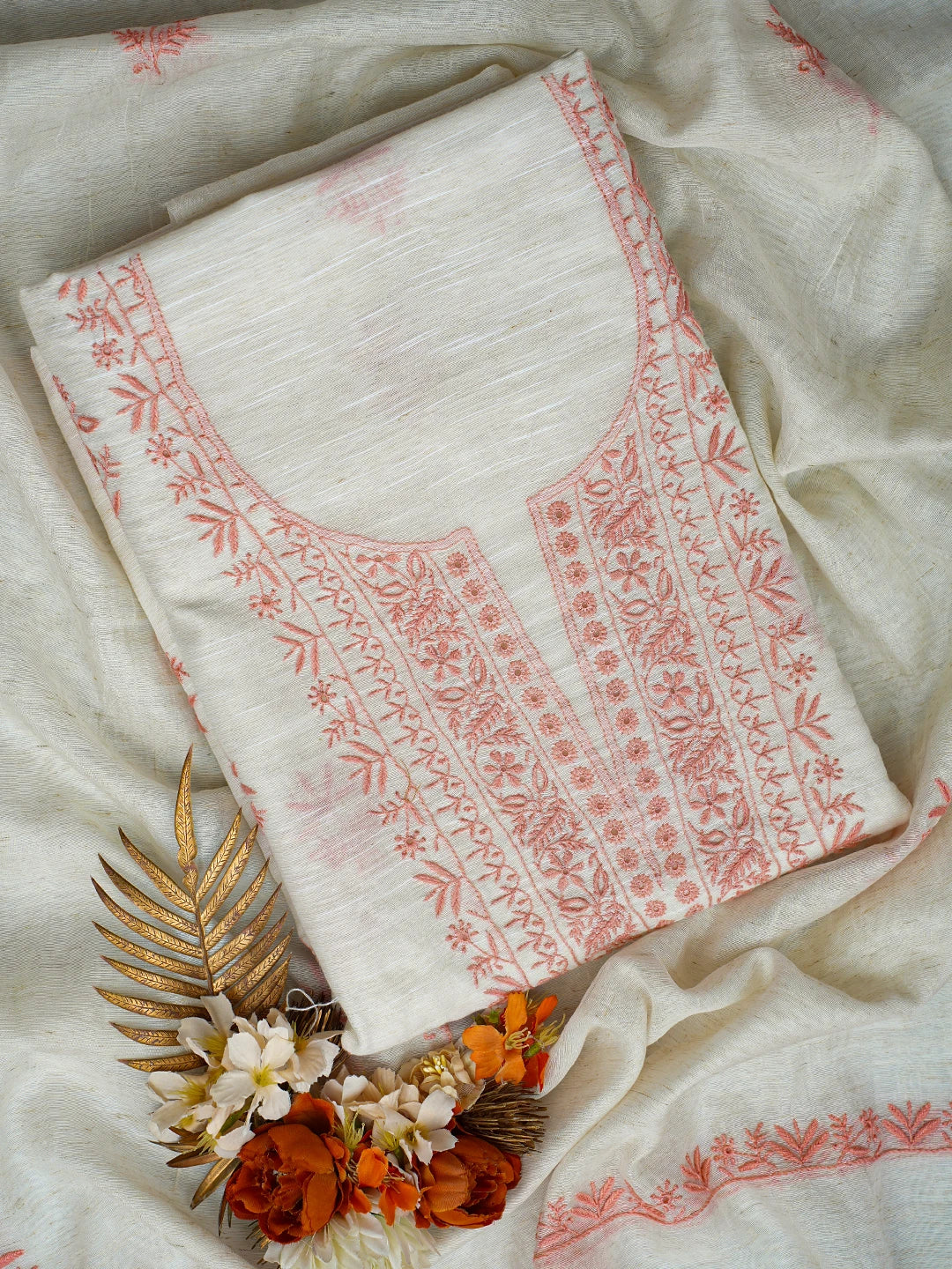 Ada Hand Embroidered Floral White Khadi Lucknowi Chikankari Unstitched Kurta Dupatta Set 01A309645