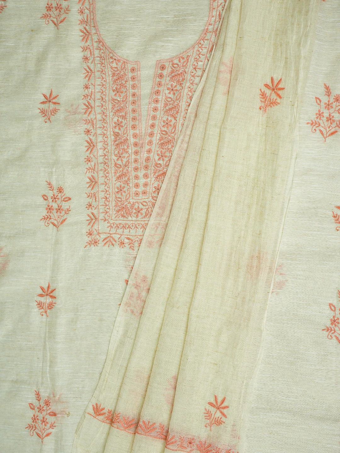 Ada Hand Embroidered Floral White Khadi Lucknowi Chikankari Unstitched Kurta Dupatta Set 01A309645