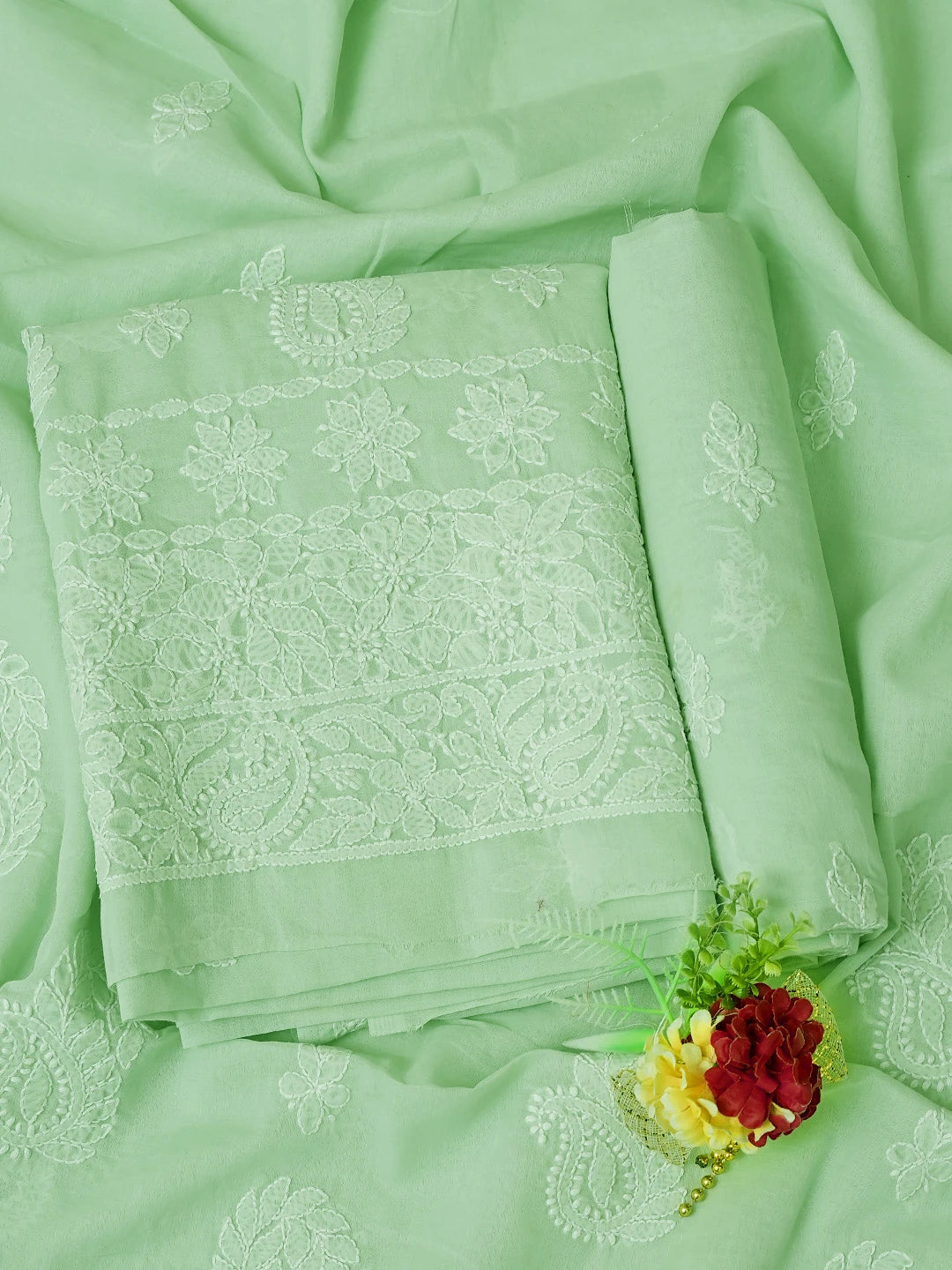 Ada Hand Embroidered Light Green Cotton Lucknowi Chikankari Unstitched Suit Piece 01A785631