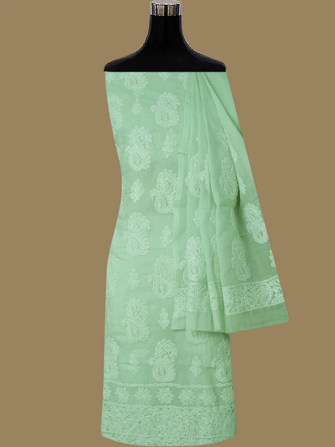 Ada Hand Embroidered Light Green Cotton Lucknowi Chikankari Unstitched Suit Piece 01A785631