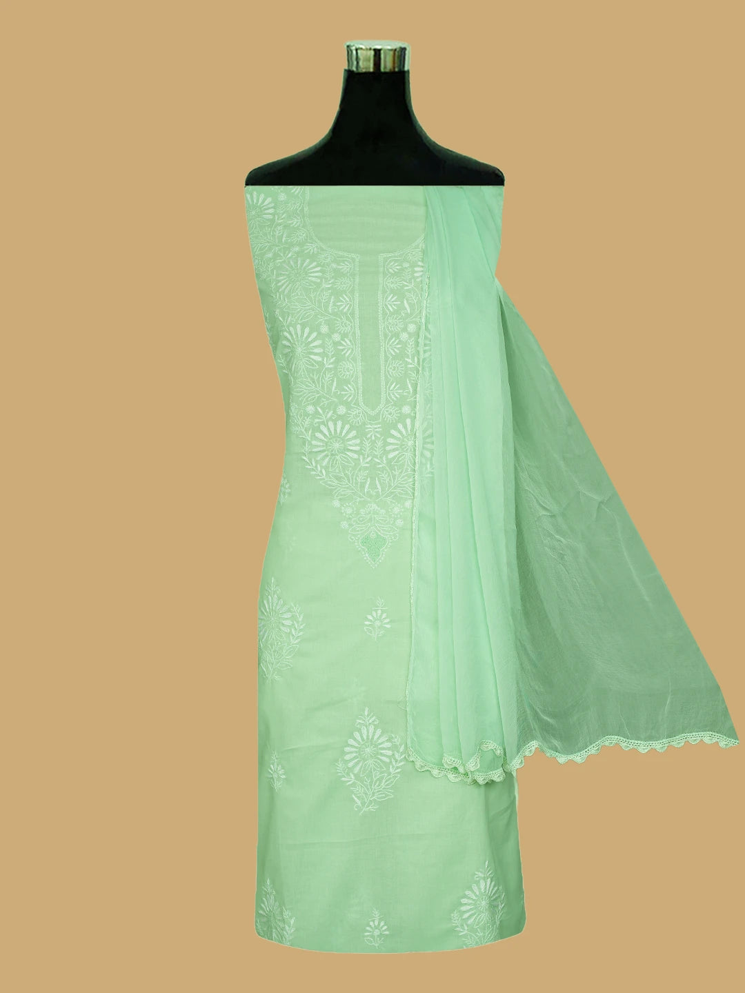 Ada Hand Embroidered Sea Green Cotton Lucknowi Chikankari Unstitched Suit Piece 01A762955