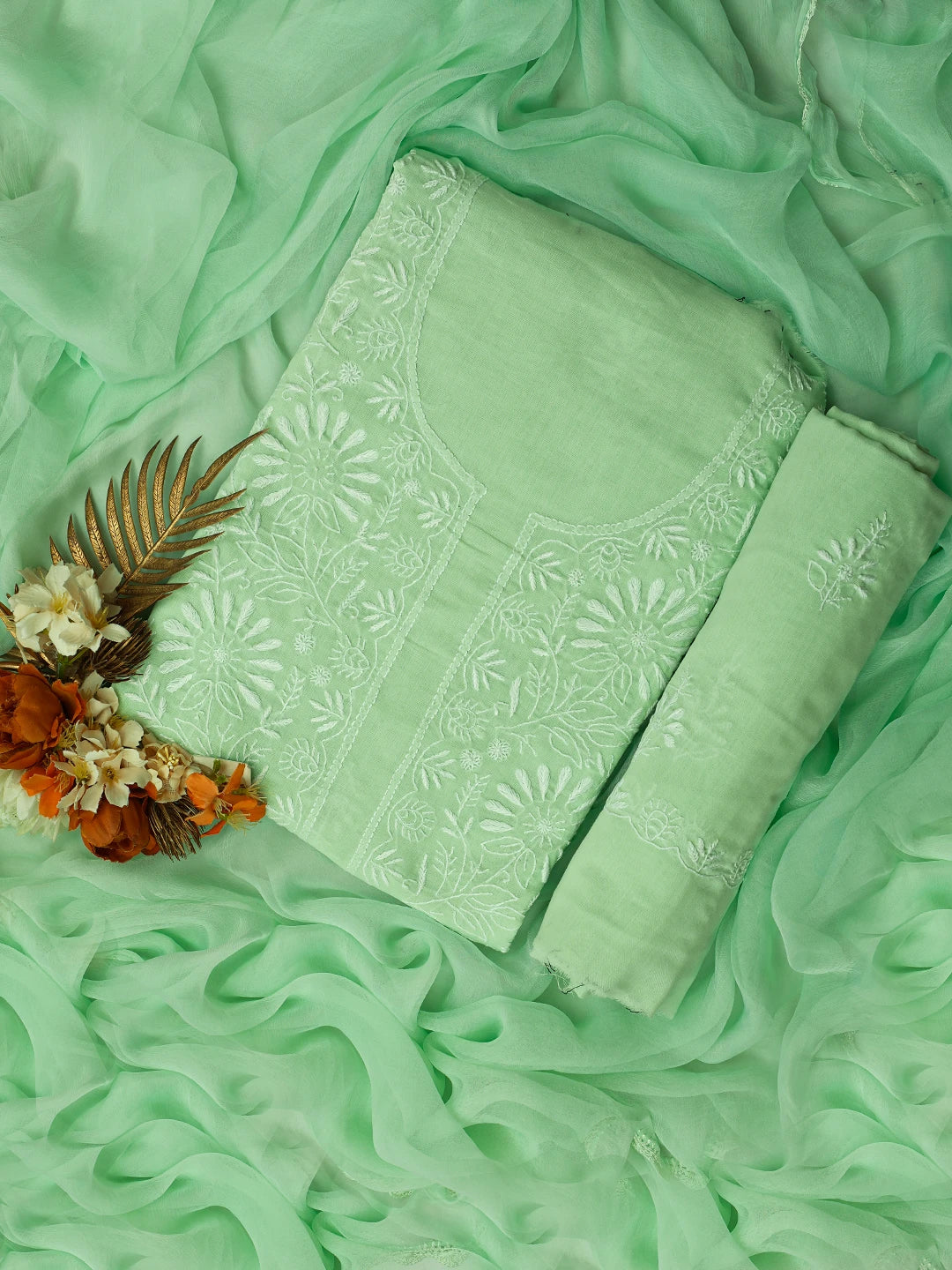 Ada Hand Embroidered Sea Green Cotton Lucknowi Chikankari Unstitched Suit Piece 01A762955