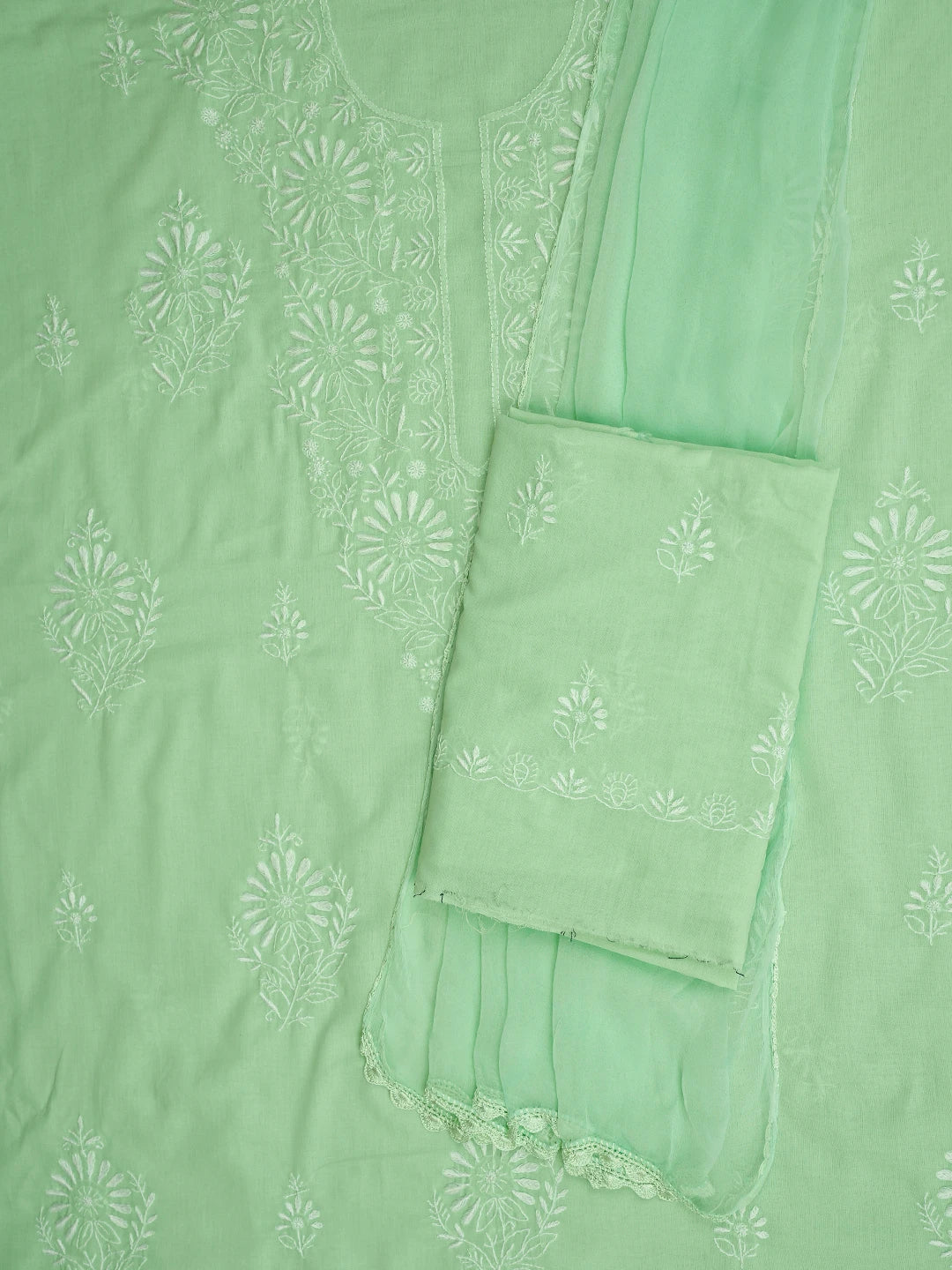 Ada Hand Embroidered Sea Green Cotton Lucknowi Chikankari Unstitched Suit Piece 01A762955