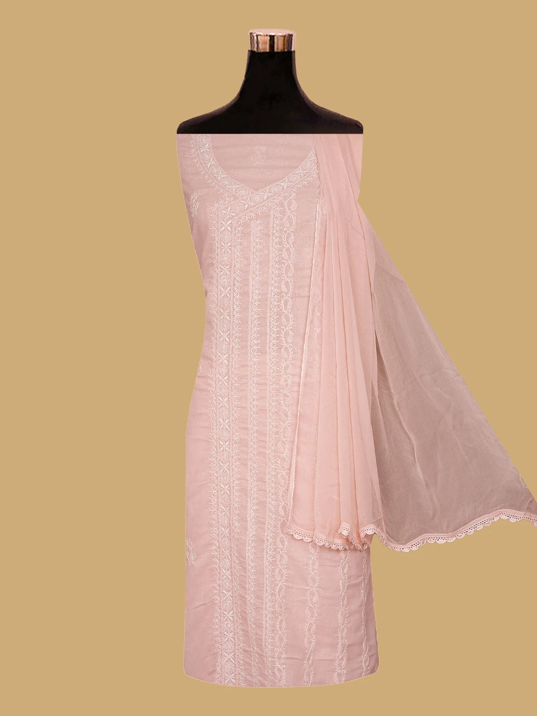 Ada Hand Embroidered Dusty Peach Cotton Lucknowi Chikankari Unstitched Suit Piece 01A763088