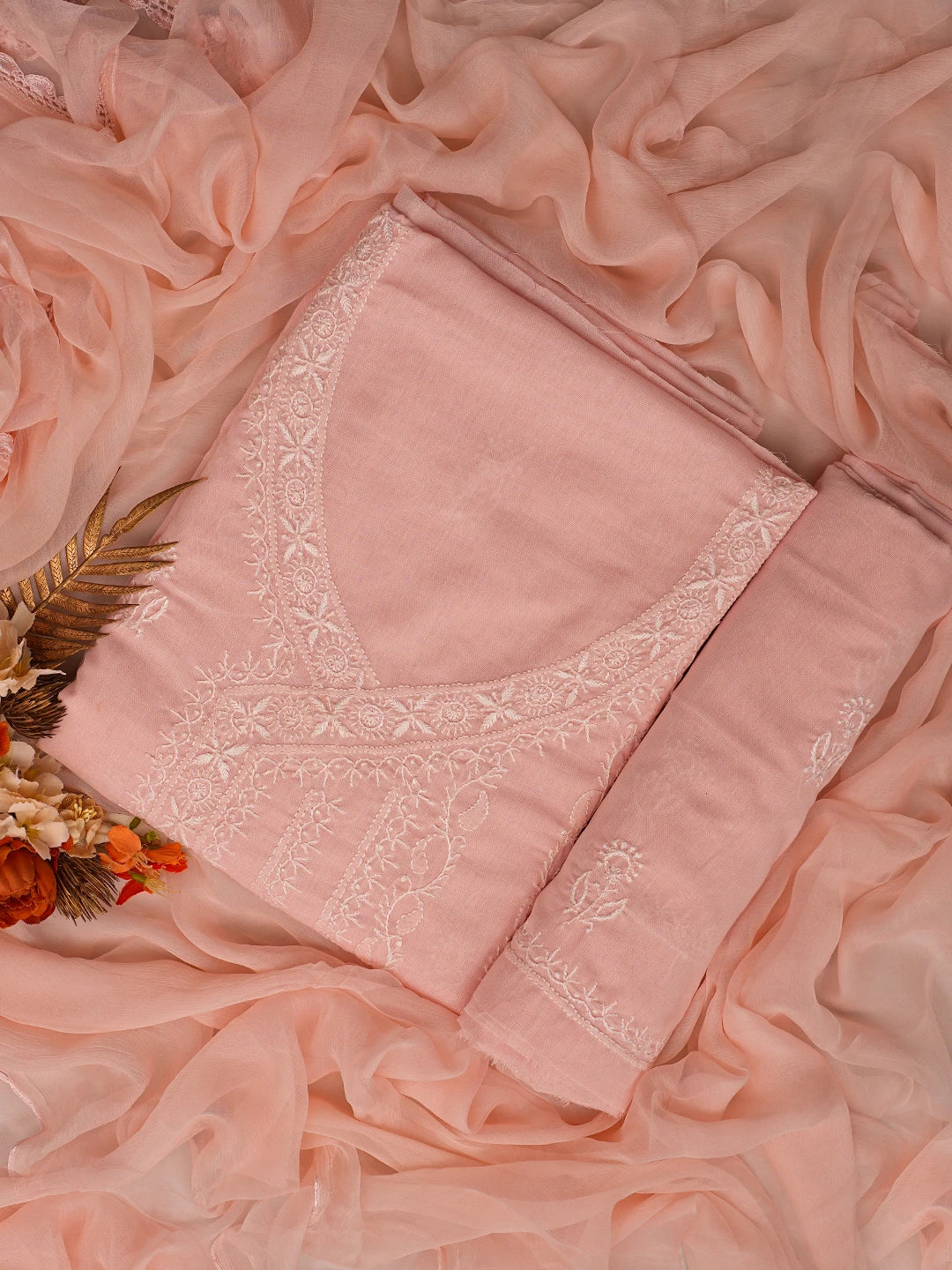 Ada Hand Embroidered Dusty Peach Cotton Lucknowi Chikankari Unstitched Suit Piece 01A763088