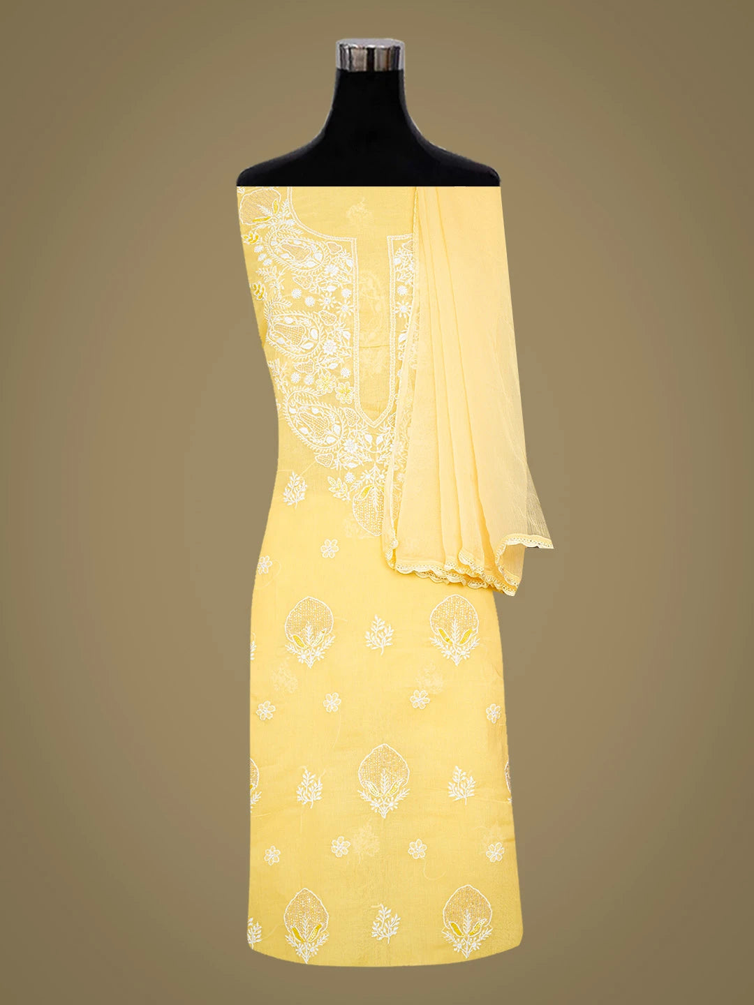 Ada Hand Embroidered Yellow Cotton Lucknowi Chikankari Unstitched Suit Piece With Cutdana Work 01A790937