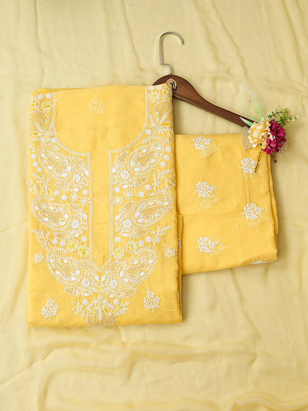 Ada Hand Embroidered Yellow Cotton Lucknowi Chikankari Unstitched Suit Piece With Cutdana Work 01A790937