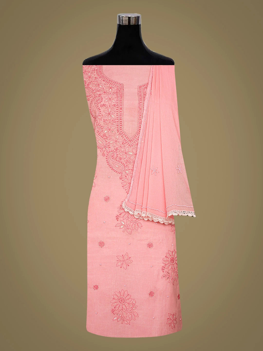 Ada Hand Embroidered Peachy Pink Cotton Lucknowi Chikankari Unstitched Suit Piece With Cutdana Work 01A360721