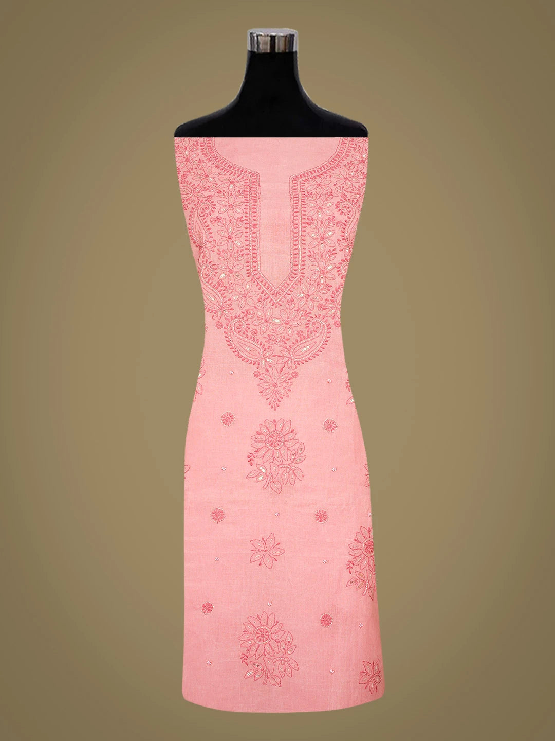Ada Hand Embroidered Peachy Pink Cotton Lucknowi Chikankari Unstitched Suit Piece With Cutdana Work 01A360721