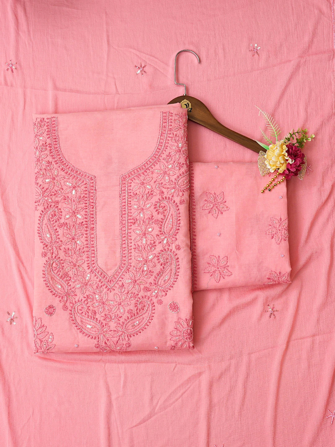 Ada Hand Embroidered Peachy Pink Cotton Lucknowi Chikankari Unstitched Suit Piece With Cutdana Work 01A360721