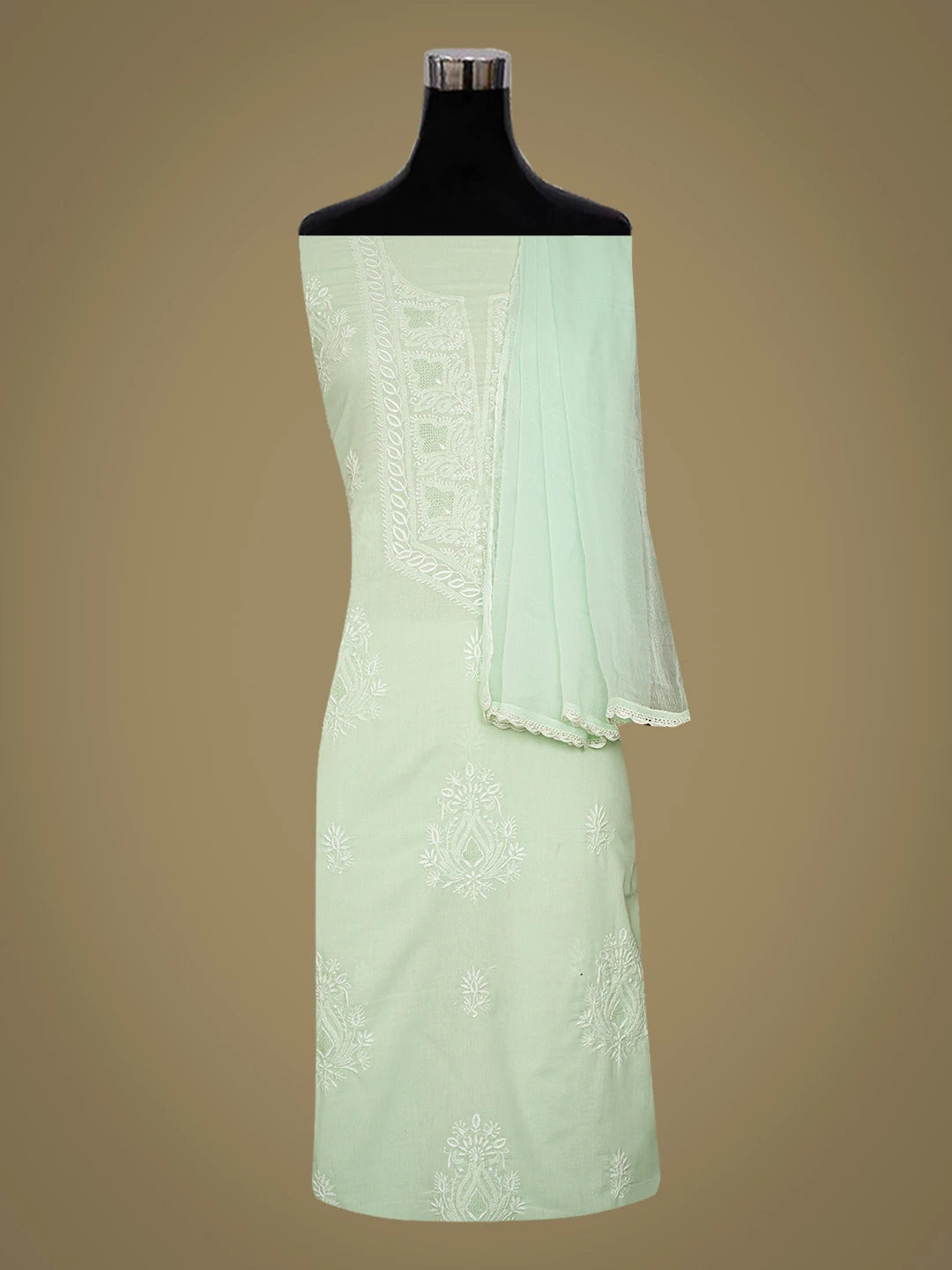 Ada Hand Embroidered Light Green Cotton Lucknowi Chikankari Unstitched Suit Piece 01A773698