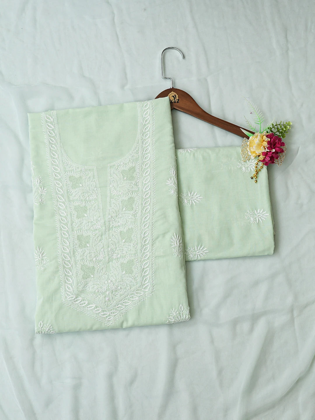 Ada Hand Embroidered Light Green Cotton Lucknowi Chikankari Unstitched Suit Piece 01A773698