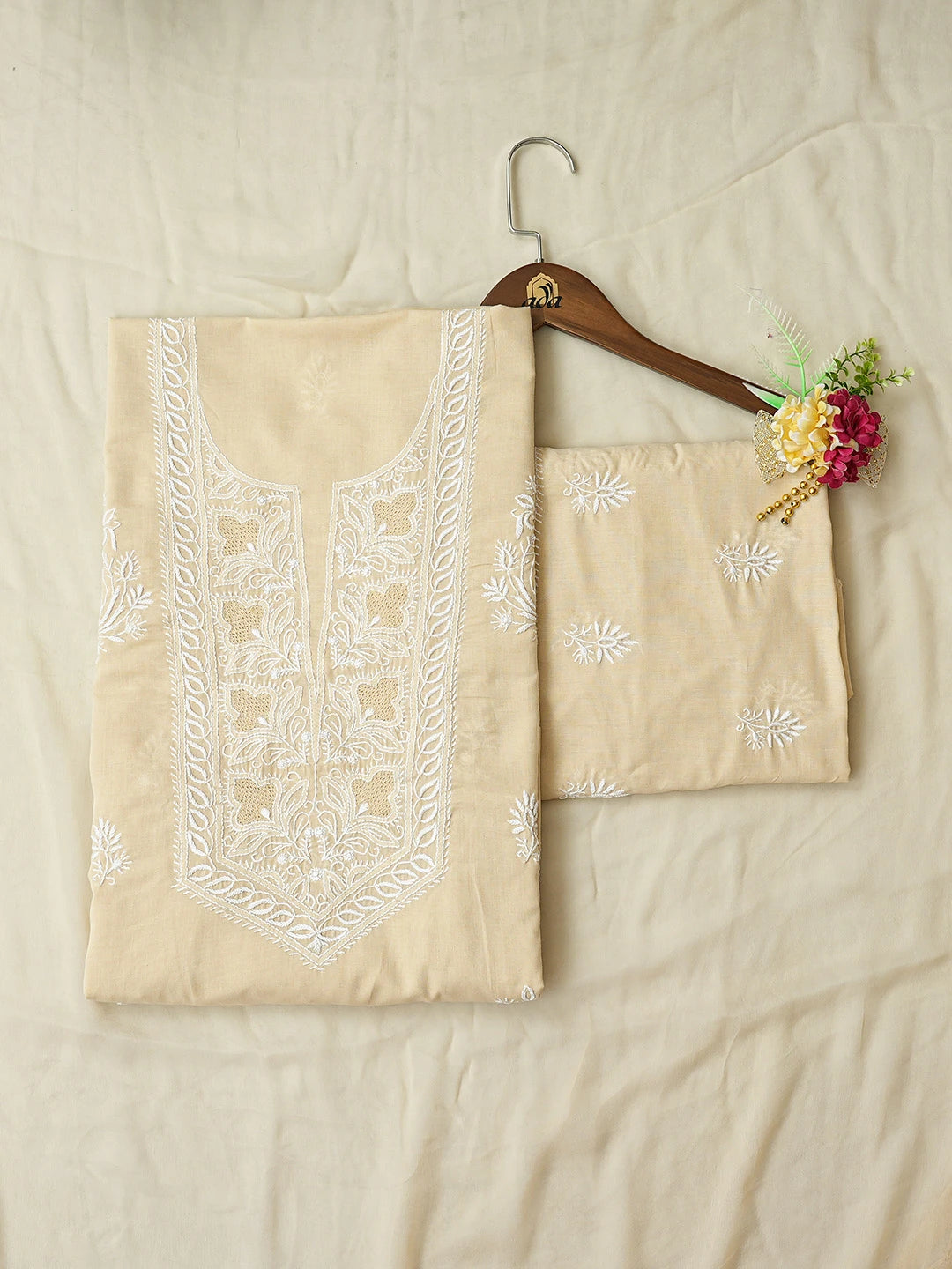 Ada Hand Embroidered Fawn Cotton Lucknowi Chikankari Unstitched Suit Piece 01A773683