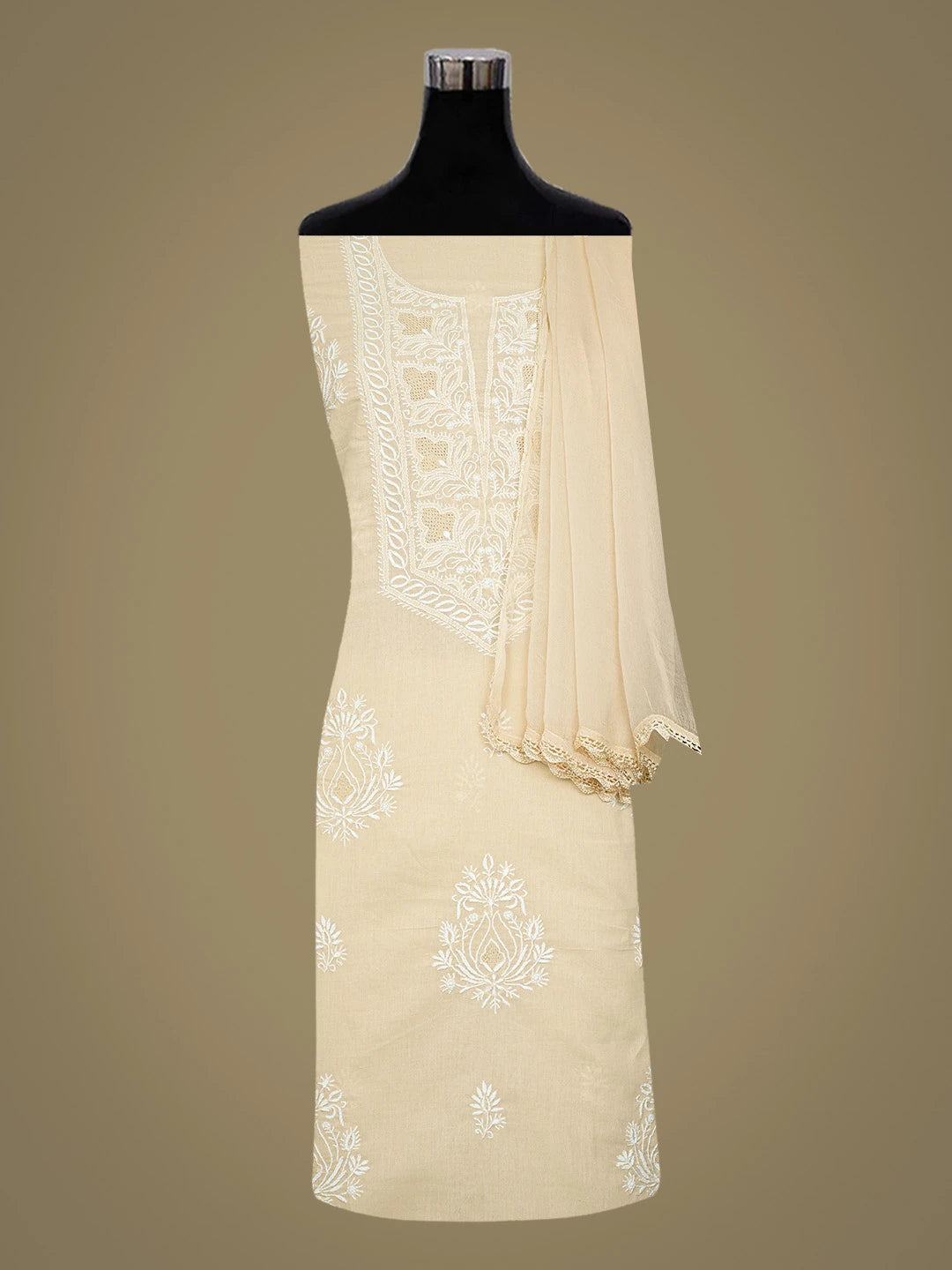 Ada Hand Embroidered Fawn Cotton Lucknowi Chikankari Unstitched Suit Piece 01A773683
