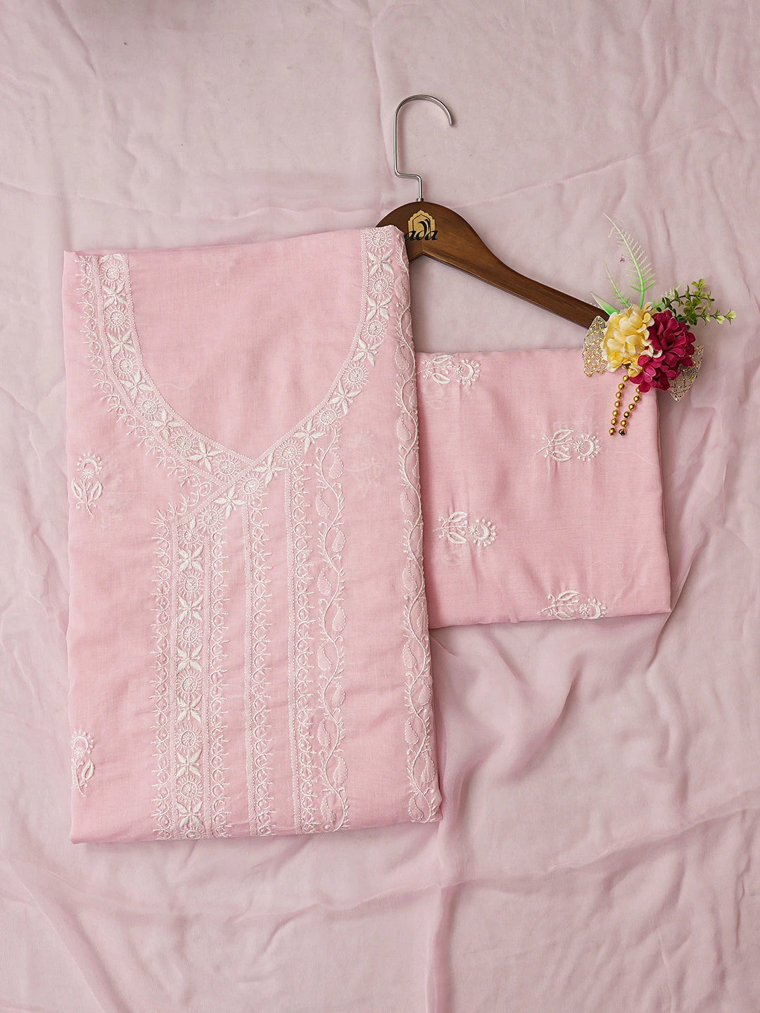 Ada Hand Embroidered Pink Cotton Lucknowi Chikankari Unstitched Suit Piece 01A763084
