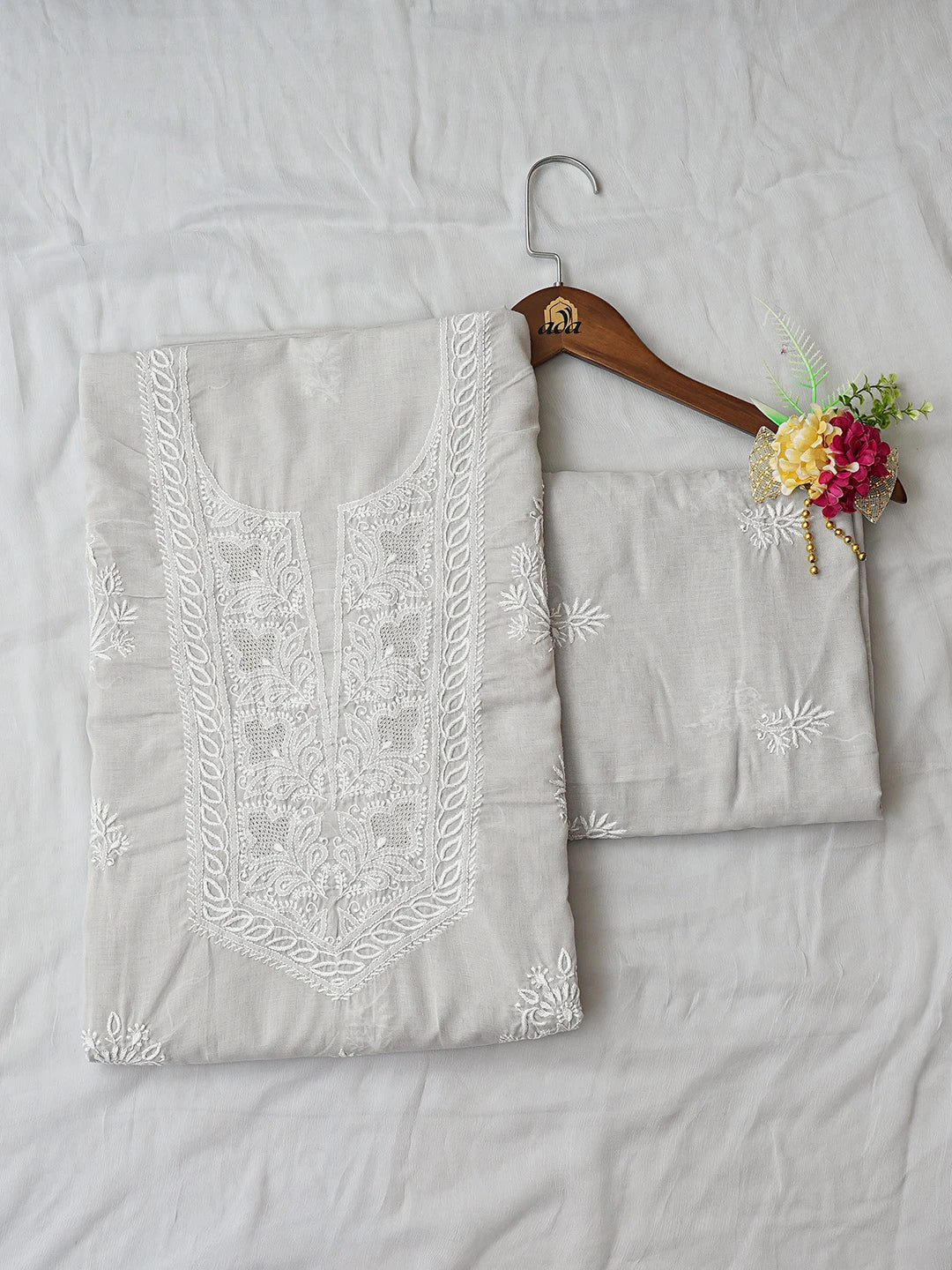 Ada Hand Embroidered Grey Cotton Lucknowi Chikankari Unstitched Suit Piece 01A773704