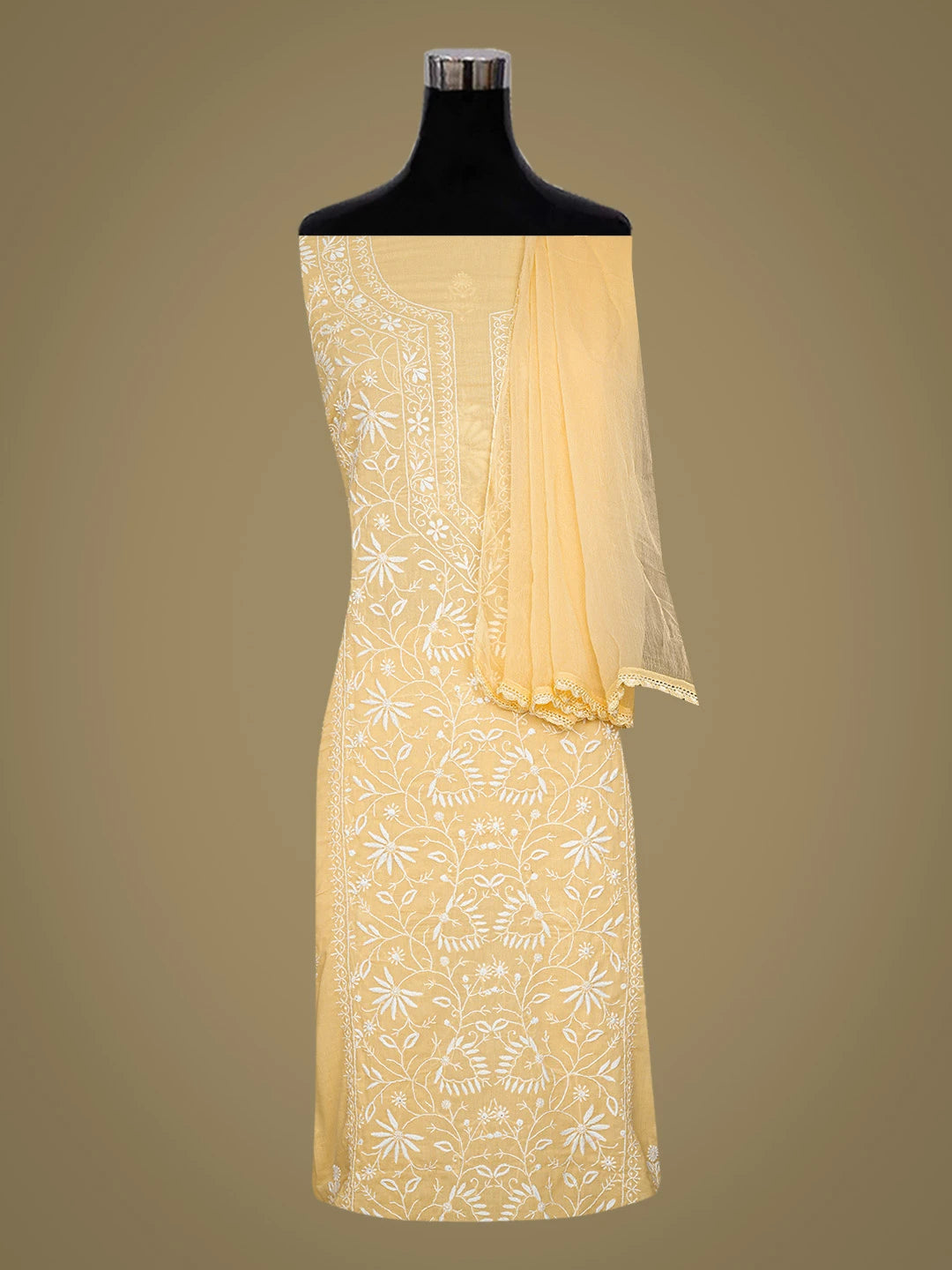 Ada Hand Embroidered Beige Cotton Lucknowi Chikankari Unstitched Suit Piece 01A773491