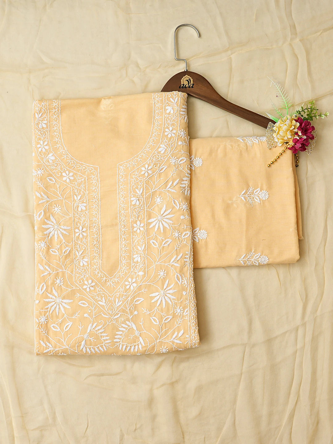 Ada Hand Embroidered Beige Cotton Lucknowi Chikankari Unstitched Suit Piece 01A773491