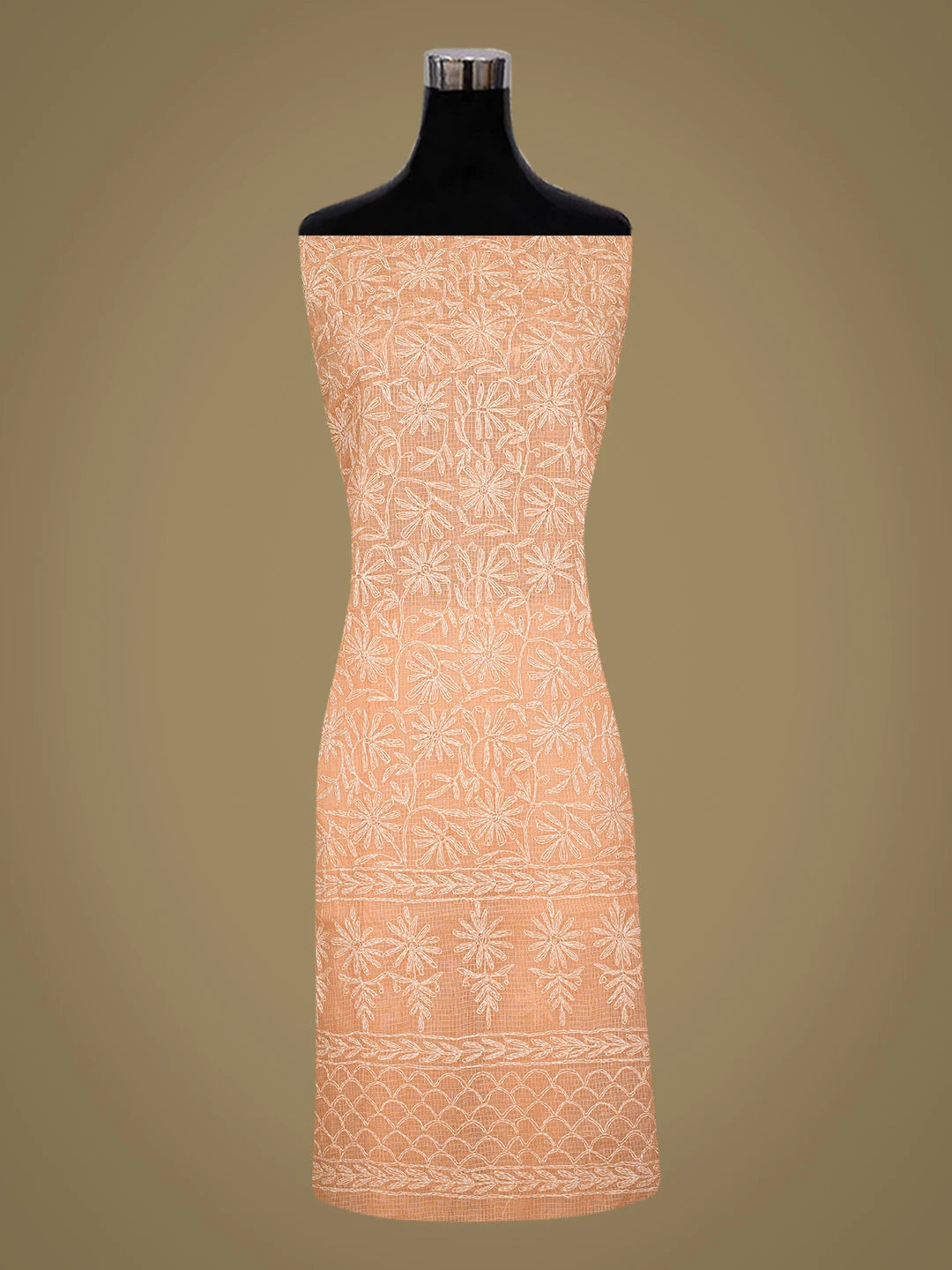 Ada Hand Embroidered Peach Kota Lucknowi Chikankari Unstitched Kurta Dupatta Set 01A751339