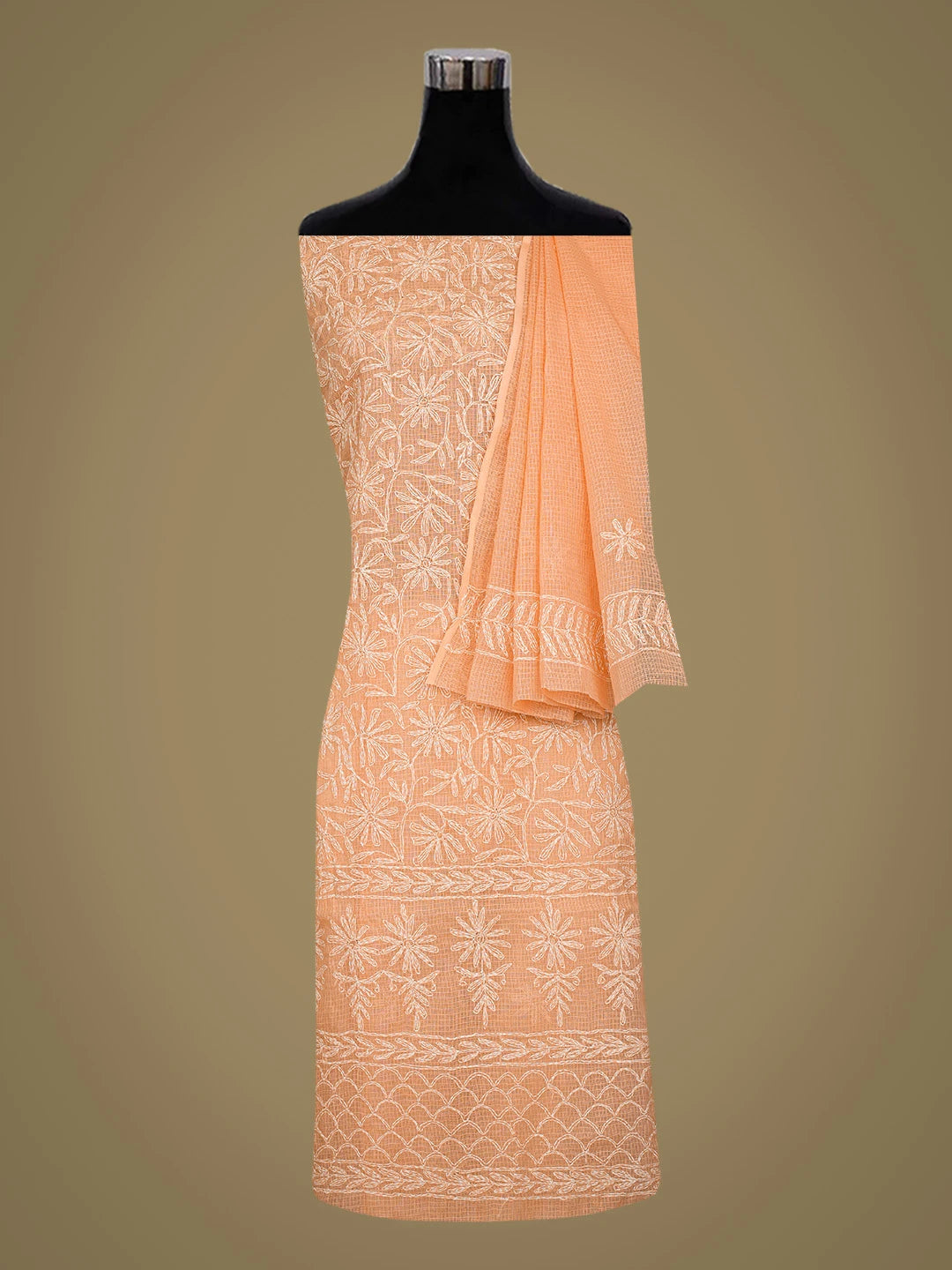 Ada Hand Embroidered Peach Kota Lucknowi Chikankari Unstitched Kurta Dupatta Set 01A751339