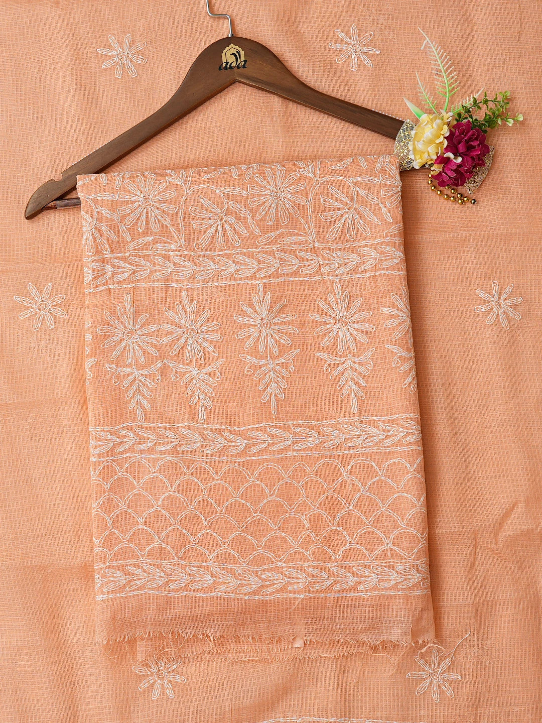 Ada Hand Embroidered Peach Kota Lucknowi Chikankari Unstitched Kurta Dupatta Set 01A751339