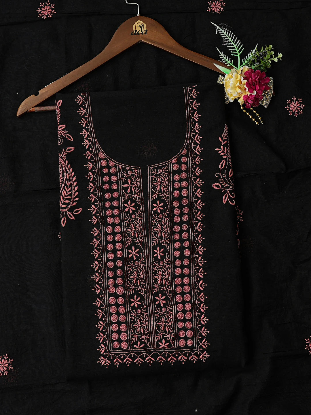 Ada Hand Embroidered Black Chanderi Lucknowi Chikankari Unstitched Kurta Dupatta Set 01A440300