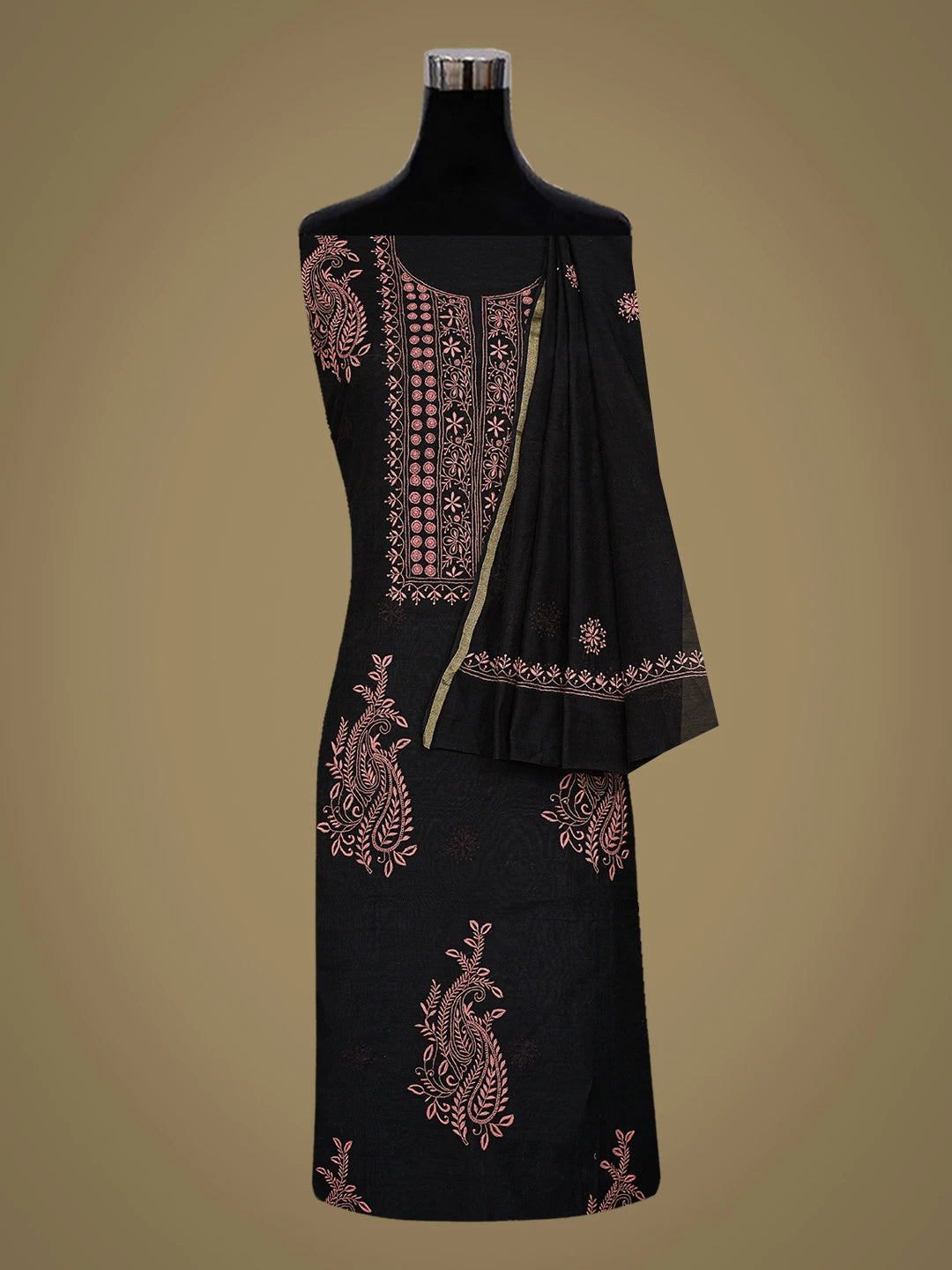 Ada Hand Embroidered Black Chanderi Lucknowi Chikankari Unstitched Kurta Dupatta Set 01A440300