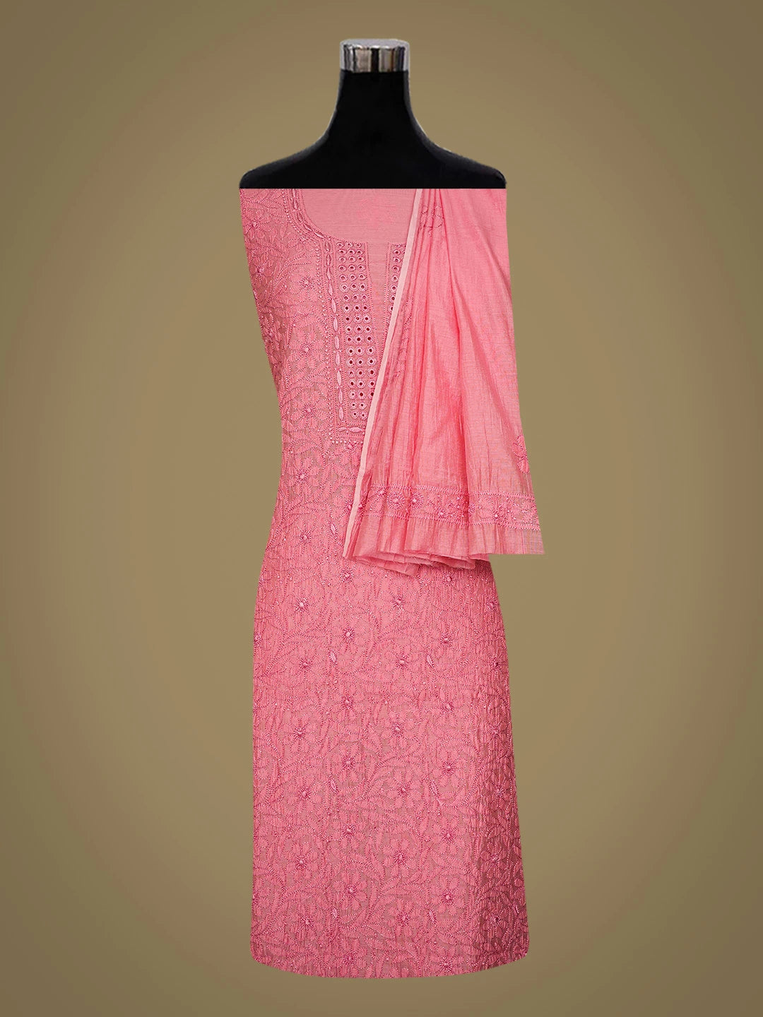 Ada Hand Embroidered Onion Pink Chanderi Lucknowi Chikankari Unstitched Kurta Dupatta Set 01A535743