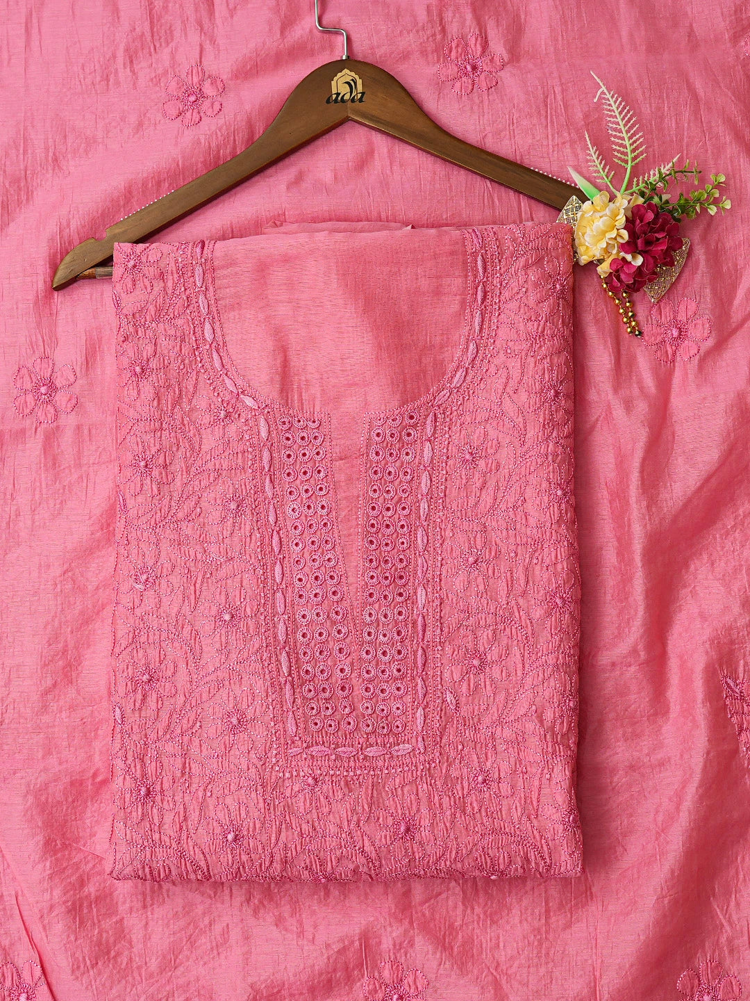 Ada Hand Embroidered Onion Pink Chanderi Lucknowi Chikankari Unstitched Kurta Dupatta Set 01A535743