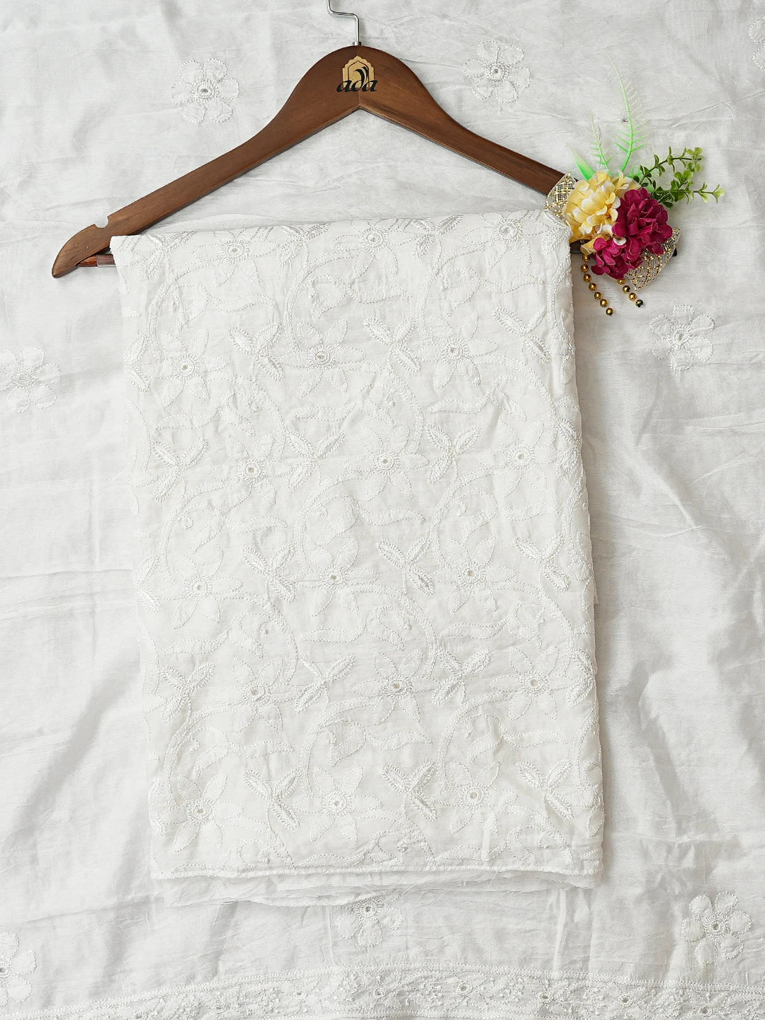 Ada Hand Embroidered White Chanderi Lucknowi Chikankari Unstitched Kurta Dupatta Set 01A798336