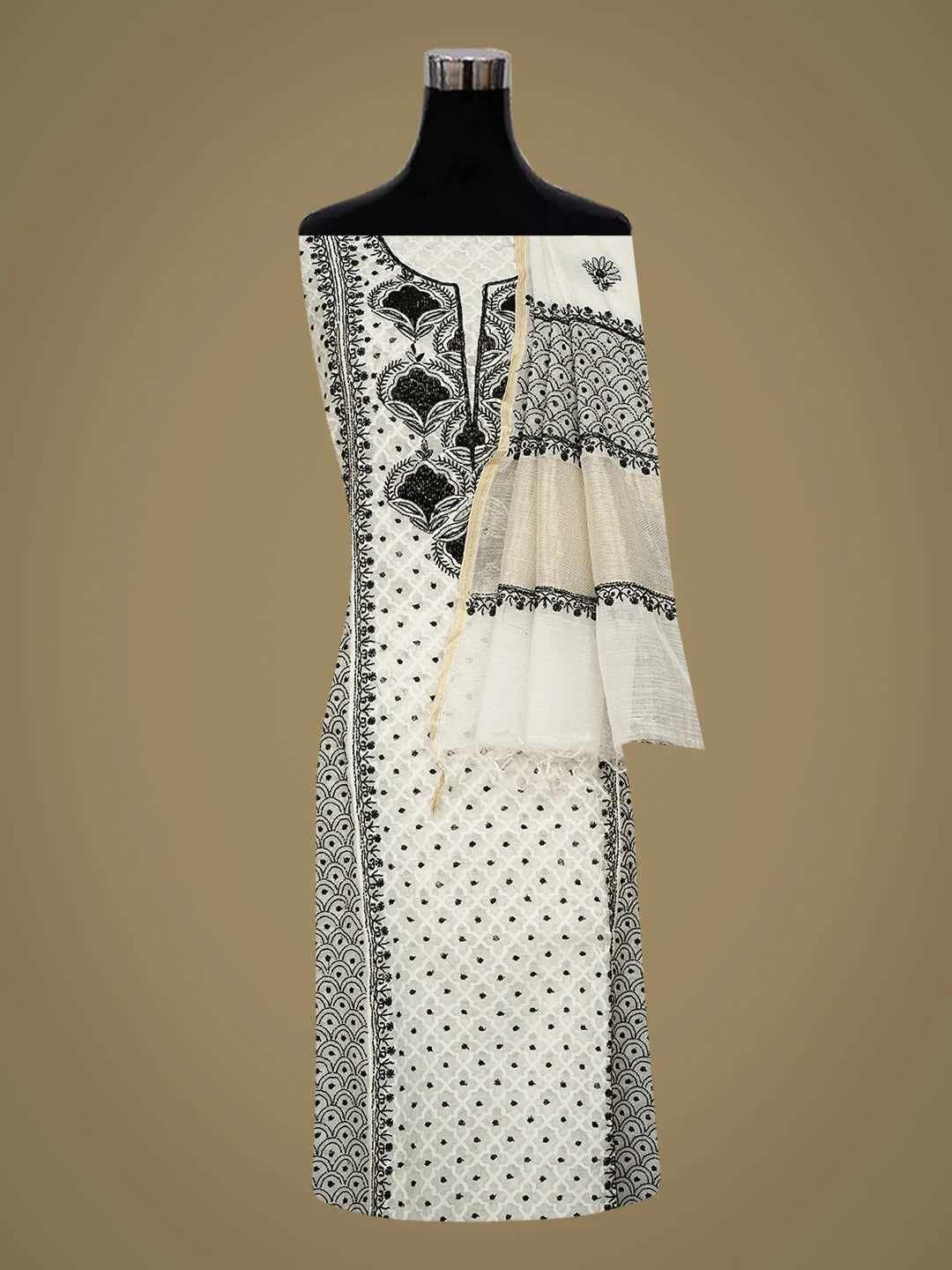 Ada Hand Embroidered Pearl White Chanderi Lucknowi Chikankari Semi-Stitched Kurta Dupatta Set With Cutdana Work 01A776645