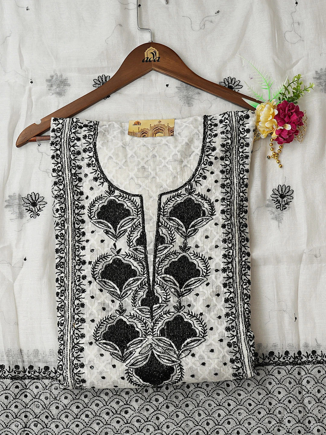 Ada Hand Embroidered Pearl White Chanderi Lucknowi Chikankari Semi-Stitched Kurta Dupatta Set With Cutdana Work 01A776645