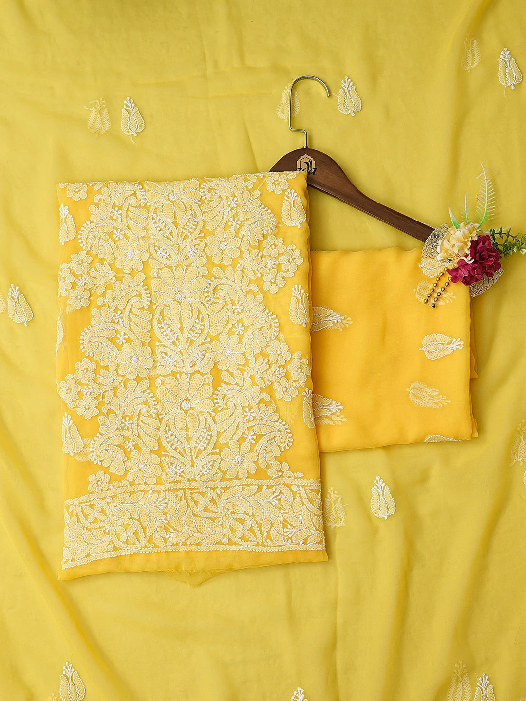 Ada Hand Embroidered Yellow Georgette Lucknowi Chikankari Unstitched Suit Piece 01A793505