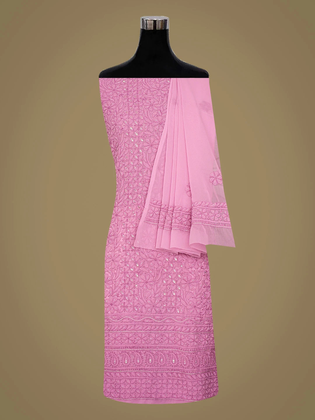 Ada Hand Embroidered Onion Pink Georgette Lucknowi Chikankari Unstitched Suit Piece With Pearl Work 01A721885