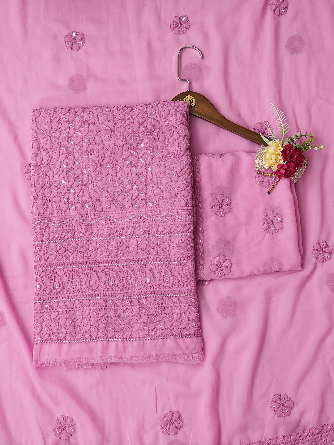 Ada Hand Embroidered Onion Pink Georgette Lucknowi Chikankari Unstitched Suit Piece With Pearl Work 01A721885