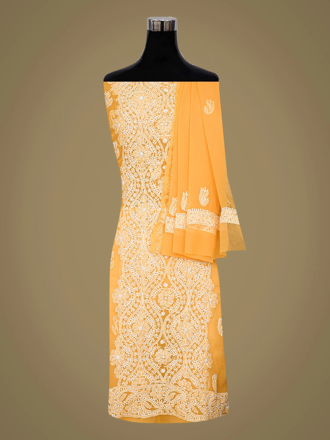 Ada Hand Embroidered Mustard Georgette Lucknowi Chikankari Unstitched Suit Piece 01A793477