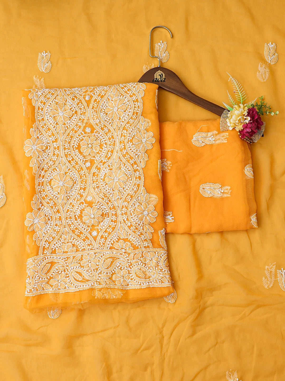 Ada Hand Embroidered Mustard Georgette Lucknowi Chikankari Unstitched Suit Piece 01A793477