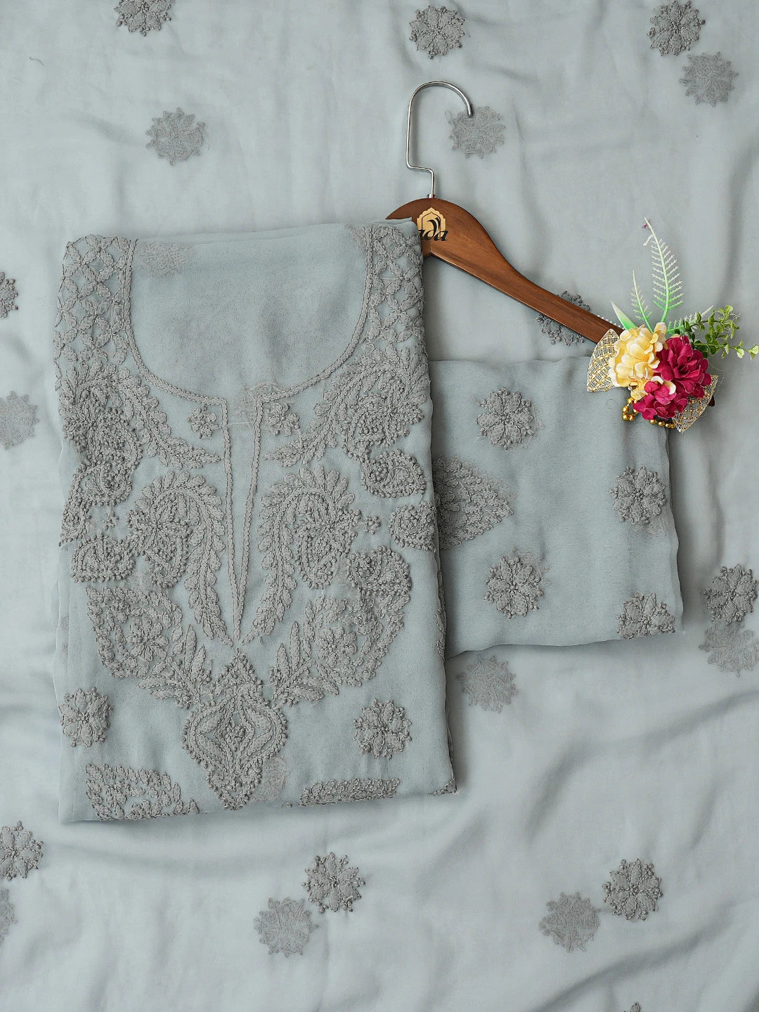 Ada Hand Embroidered Grey Georgette Lucknowi Chikankari Unstitched Suit Piece 01A624217