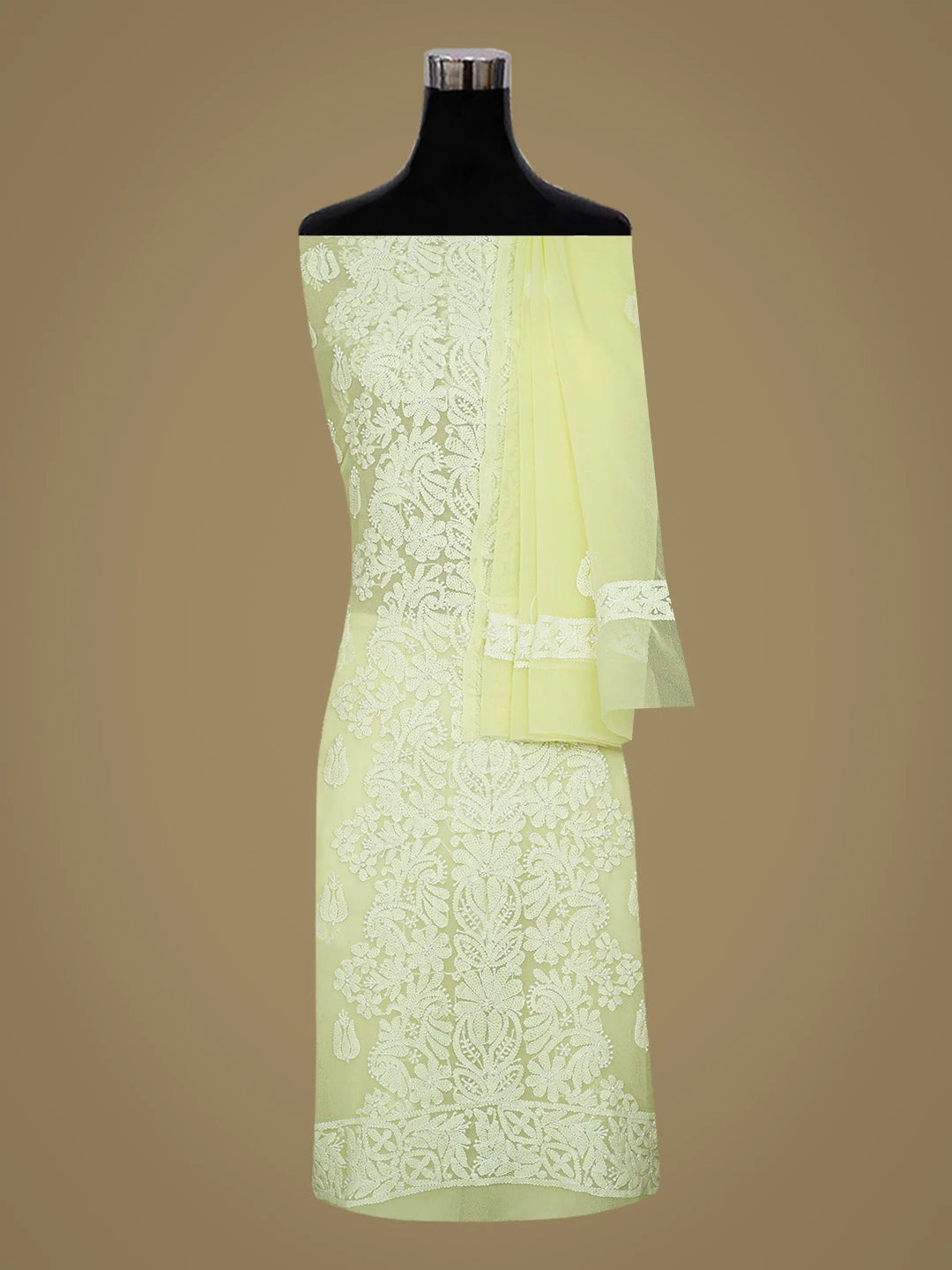 Ada Hand Embroidered Pastel Lemon Georgette Lucknowi Chikankari Unstitched Suit Piece 01A787940